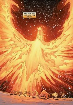 an image of a woman with wings in the air and stars above her, surrounded by fire