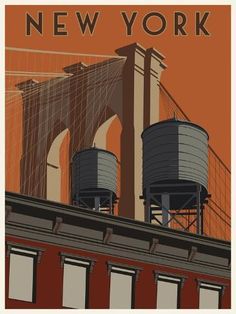 an image of two water tanks on top of a building with the brooklyn bridge in the background