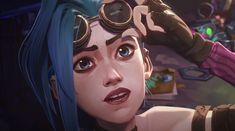 a close up of a person with blue hair and goggles in a video game