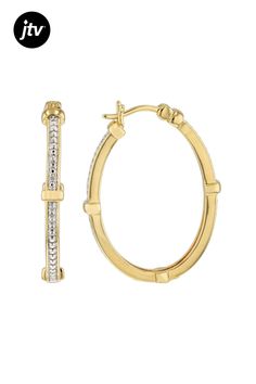 Emulous��� Round white diamond accent, 14k yellow gold over brass hoop earrings. Measure approximately 1 & 1/4"L x 1/8"W and have saddleback backings. White rhodium enhanced prongs. Gold Hoop Jewelry With Channel Set, Gold Hoop Diamond Earrings With Accents, Gold Hoop Diamond Earrings Channel Set, Gold Hypoallergenic Hoop Diamond Earrings, Hypoallergenic Gold Hoop Diamond Earrings, Hypoallergenic Gold Diamond Hoop Earrings, Classic Gold Hoop Earrings With Diamond Accents, Brass Hoop Earrings, Brass Hoops