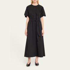 Altuzarra "Paulina" poplin shirtdress Jewel neckline; button placket Short sleeves Side slip pockets Self-tie waist Full length A-line silhouette Button closure Cotton/polyester Dry clean Made in Portugal Elegant Poplin Daywear Dresses, Elegant Poplin Dresses For Daywear, Elegant Workwear Maxi Dress With Tie Fastening, Elegant Maxi Dress With Tie Fastening For Work, Elegant Tie Fastening Maxi Dress For Work, Chic Poplin Workwear Dresses, Chic Poplin Dress For Workwear, Workwear A-line Maxi Dress With Tie Waist, Evening Flats