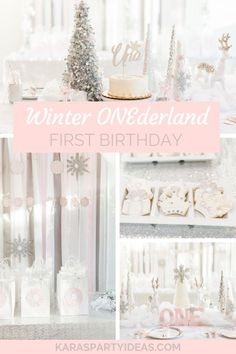 winter wonderland first birthday party with pink and white decorations