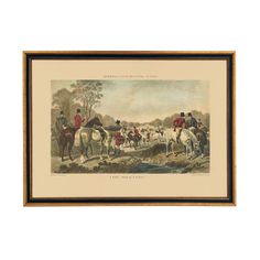 an antique print of men on horses and dogs in the woods, with trees behind them