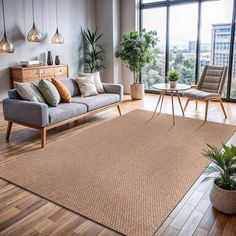 a living room filled with furniture and plants in front of a large window overlooking the city