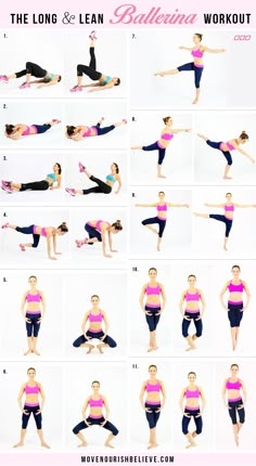 a woman doing yoga poses for the long and lean ballerina workout, with text overlay