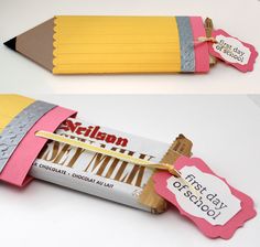 two pictures of pencils with paper tags attached to them, one is yellow and the other is pink