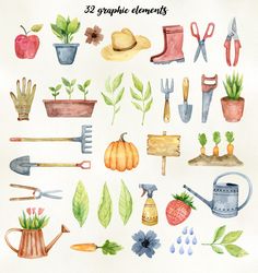 watercolor gardening clipart elements