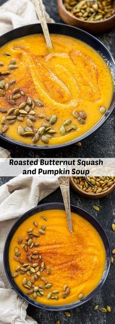 roasted butternut squash and pumpkin soup is shown in two different bowls with spoons