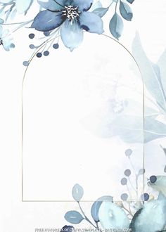 blue flowers and leaves on a white background with a gold frame for the text in the center