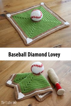 crocheted baseball diamond lovey and mitt on the floor