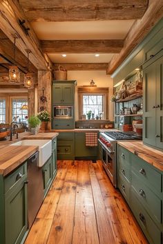 a kitchen with wooden floors and green cabinets in the center, along with wood flooring