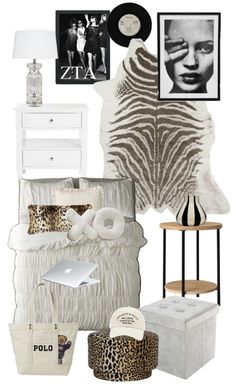 a white and black bedroom with pictures on the wall, bedding, pillows, rugs and other items