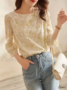 Eromis - Versatile Womens Floral Print Blouse - Elegant Boat Neck, 3/4 Sleeves - High-Quality Stylish Apparel