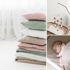 a collage of photos with a baby sleeping in a crib next to pillows and blankets