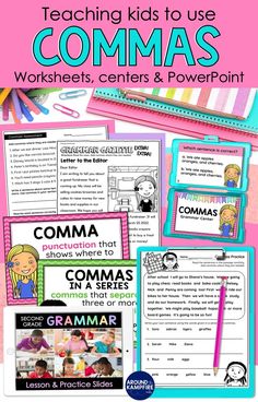 worksheets, PowerPoint lesson, task cards centers and poster for teaching commas in a series in 2nd grade Commas In A Series, Grammar Activities, 2nd Grade Teacher, Center Activities