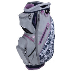 a grey and pink golf cart bag with flowers on it's side, in front of a white background