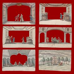 four different views of people in an old fashion setting with red walls and white arches