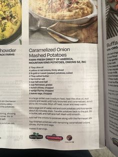 an article in the food and drink section of a magazine about scrambled onion mashed potatoes