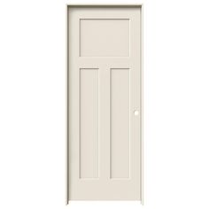 a white door on a white background with an open side panel and the bottom panel missing