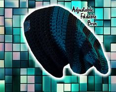 a knitted beanie hat is shown against a mosaic tile background with the words, adjutable fiddle brin