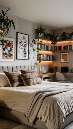 Modern bedroom with a neatly made bed, plants, framed artwork, a shelf of books, and a small desk with a laptop. Windowless Bedroom Ideas Cozy, Soft Bedroom Aesthetic Cozy, Adult Cozy Bedroom Ideas, Warm Scandinavian Bedroom, Soft Cozy Bedroom Aesthetic, Cosy Neutral Bedroom, Cozy Room Colors, Diy Cozy Room Decor, Warm Cosy Bedroom Ideas