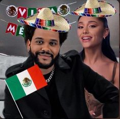 a man and woman wearing sombreros with mexican flags on their heads, smiling at the camera