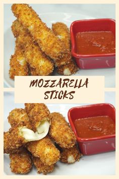 two pictures of fried mozzarella sticks with sauce