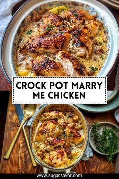 crock pot mary me chicken in a casserole dish on a wooden table