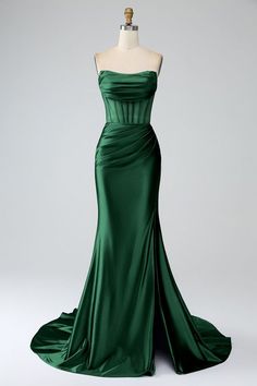 Green Prom Dresses Long Elegant, Formal Dresses Ruched, Corset Gala Dress, Green Silky Dress Long, Green Elegant Dress Classy, Emerald Green Strapless Dress, Emerald Corset Dress, Long Dark Green Silk Dress, Evergreen Prom Dress