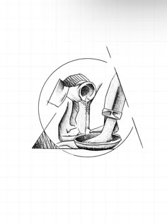 a black and white drawing of an object on a plate with a knife in it