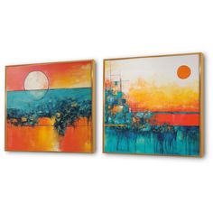 two paintings hanging on the wall next to each other, one with an orange and blue painting