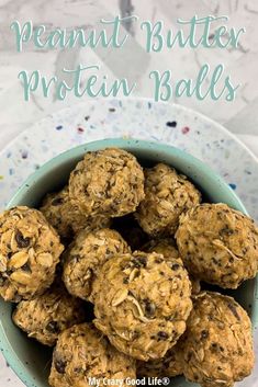 a bowl filled with chocolate chip peanut butter protein balls