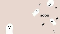 the words boo are written in black on a pink background with ghost faces and stars