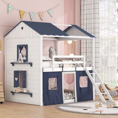 a child's bedroom with a loft bed and bunk beds in the room,