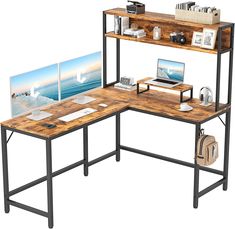 a computer desk with two shelves on each side