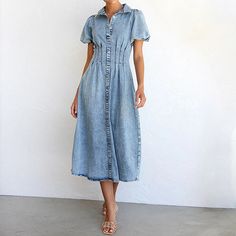 Mrlanz Non-stretch Blue Denim Button-up Dress, Medium Wash Short Sleeve Denim Dress, Spring Short Sleeve Denim Top With Buttons, Non-stretch Button-up Denim Dress, Chambray Short Sleeve Dress With Pockets, Short Sleeve Chambray Dresses With Pockets, Medium Wash Non-stretch Denim Dress, Dark Wash Relaxed Fit Short Sleeve Denim Dress, Non-stretch Medium Wash Denim Dress With Button Closure