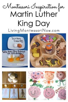 the martin luther king day activities and crafts are featured in this collage with text overlay