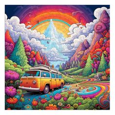 a van parked on the side of a road in front of mountains and trees with a rainbow