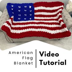 an american flag crocheted pillow sitting on top of a couch with the words video blanket written below it