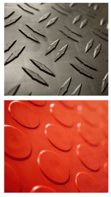 two different types of metal flooring with red and black circles on the bottom one