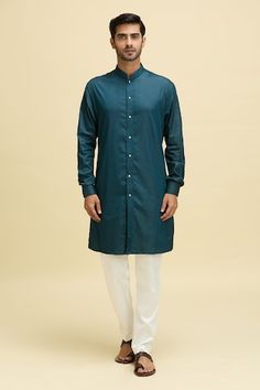 Blue nehru jacket with geometric thread embroidery and statement buttons. Paired with a kurta. - Aza Fashions Festive Kurta With Button Cuffs, Festive Bandhgala With Button Closure And Long Sleeves, Festive Long Sleeve Kurta With Buttons, Festive Blue Nehru Jacket With Stand Collar, Blue Unstitched Traditional Nehru Jacket, Designer Long Sleeve Semi-stitched Nehru Jacket, Luxury Single-breasted Nehru Jacket With Stand Collar, Luxury Fitted Single-breasted Nehru Jacket, Anamika Khanna