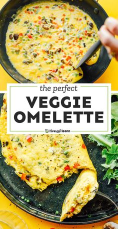 the perfect veggie omelette is in a skillet and ready to be eaten