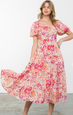 Filled with sunny spring vibes, this light and airy dress adds a pop to any wardrobe. Shirring at the center and gentle balloon shoulder adds attention to detail. Floral Puff Sleeve Dress, Sunday Dresses, Airy Dress, Girls Together, Puff Sleeve Dress, Shopping Event, Spring Vibes, Teacher Outfits, Cropped Denim Jacket