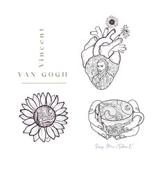 three drawings of heart and sunflowers with the words van gogh on them