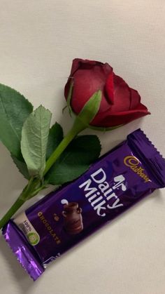 a single rose sitting next to a bar of dairy milk and a chocolate wrapper