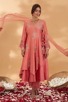 Pink angrakha anarkali with floral embroidery. Paired with a pant and dupatta with floral embroidery work. - Aza Fashions Long Sleeve Raw Silk Palazzo Set With Zari Work, Festive Dola Silk Palazzo Set With Long Sleeves, Eid Long Sleeve Slub Silk Palazzo Set, Eid Long Sleeve Palazzo Set With Gota Work, Long Sleeve Chikankari Embroidery Anarkali Set For Festive Occasions, Festive Dola Silk Palazzo Set, Slub Silk Long Sleeve Palazzo Set With Resham Embroidery, Long Sleeve Raw Silk Palazzo Set With Gota Work, Designer Chandbali Kurta With Chikankari Embroidery