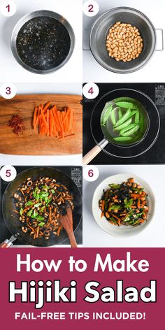 Step-by-step visual guide showing ingredients and cooking process for classic Japanese hijiki seaweed salad with soybeans, carrots, and snap peas in a savory dashi broth