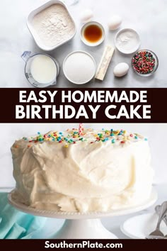 an easy homemade birthday cake with white frosting and sprinkles