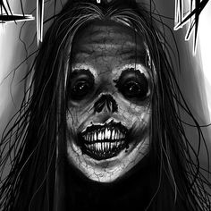 a drawing of a creepy woman with long hair