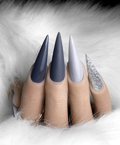 Grey Autumn Nails, Spring Stiletto Nails 2024, Dark Gray Nail Ideas, Charcoal Grey Nails, Grey And Silver Nails, Glitter Long Nails, Blue Stiletto Nails, Ballerina Acrylic Nails